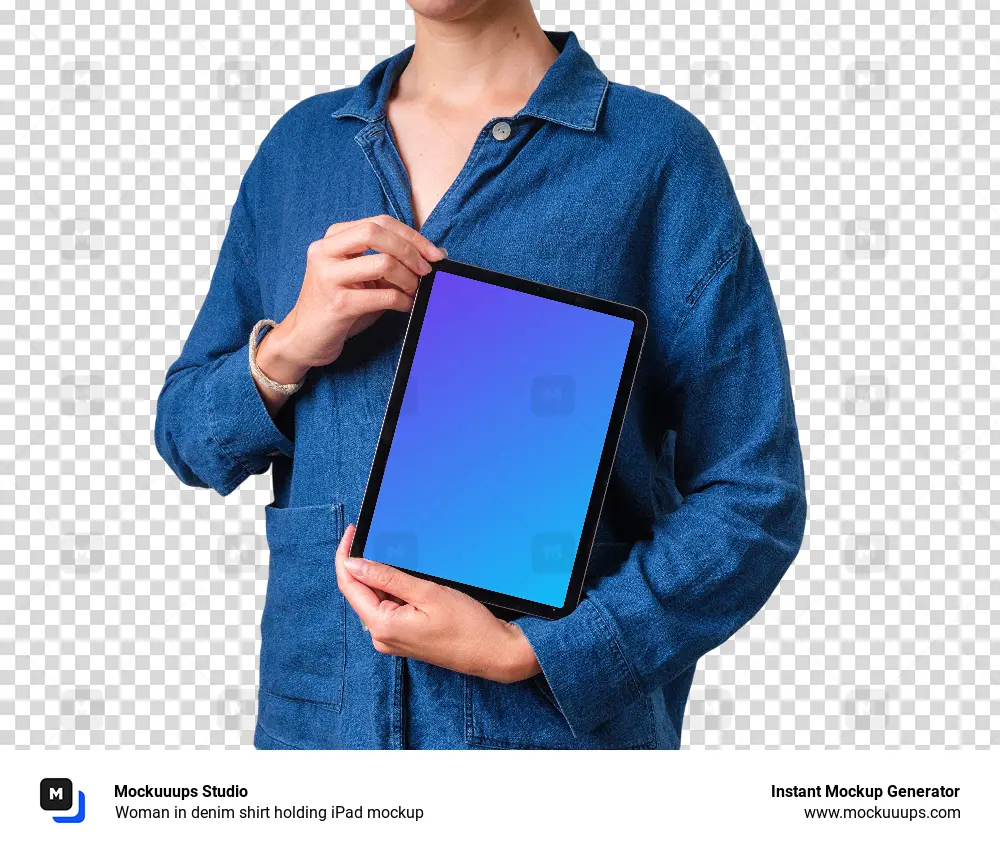 Woman in denim shirt holding iPad mockup