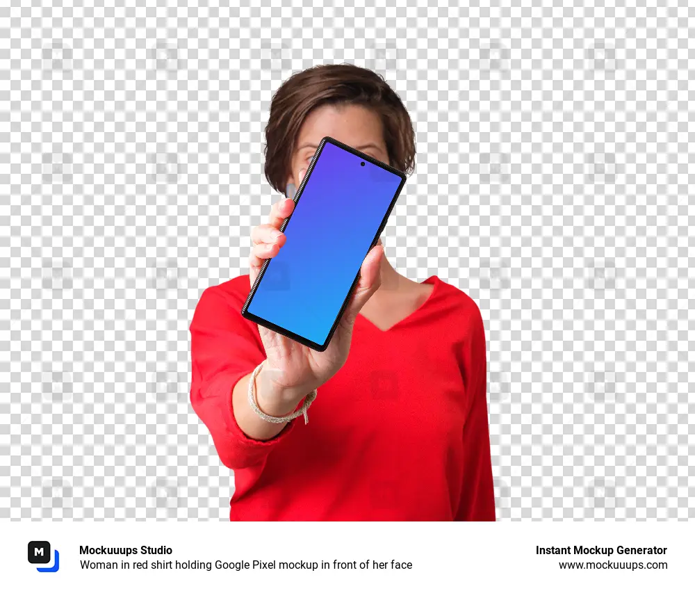 Woman in red shirt holding Google Pixel mockup in front of her face