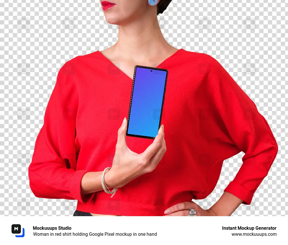 Woman in red shirt holding Google Pixel mockup in one hand