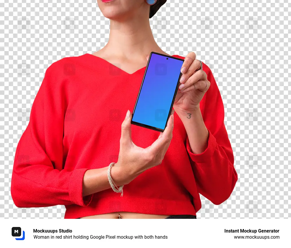 Woman in red shirt holding Google Pixel mockup with both hands
