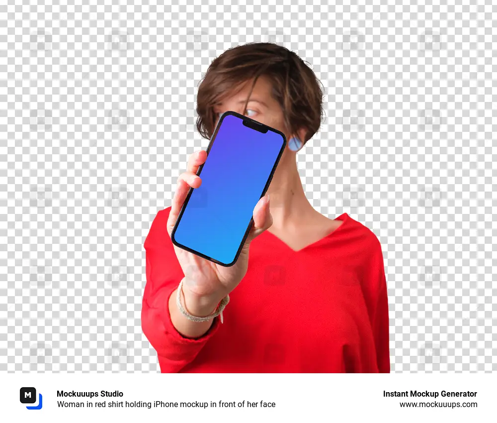 Woman in red shirt holding iPhone mockup in front of her face