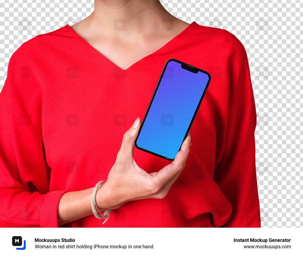 Woman in red shirt holding iPhone mockup in one hand