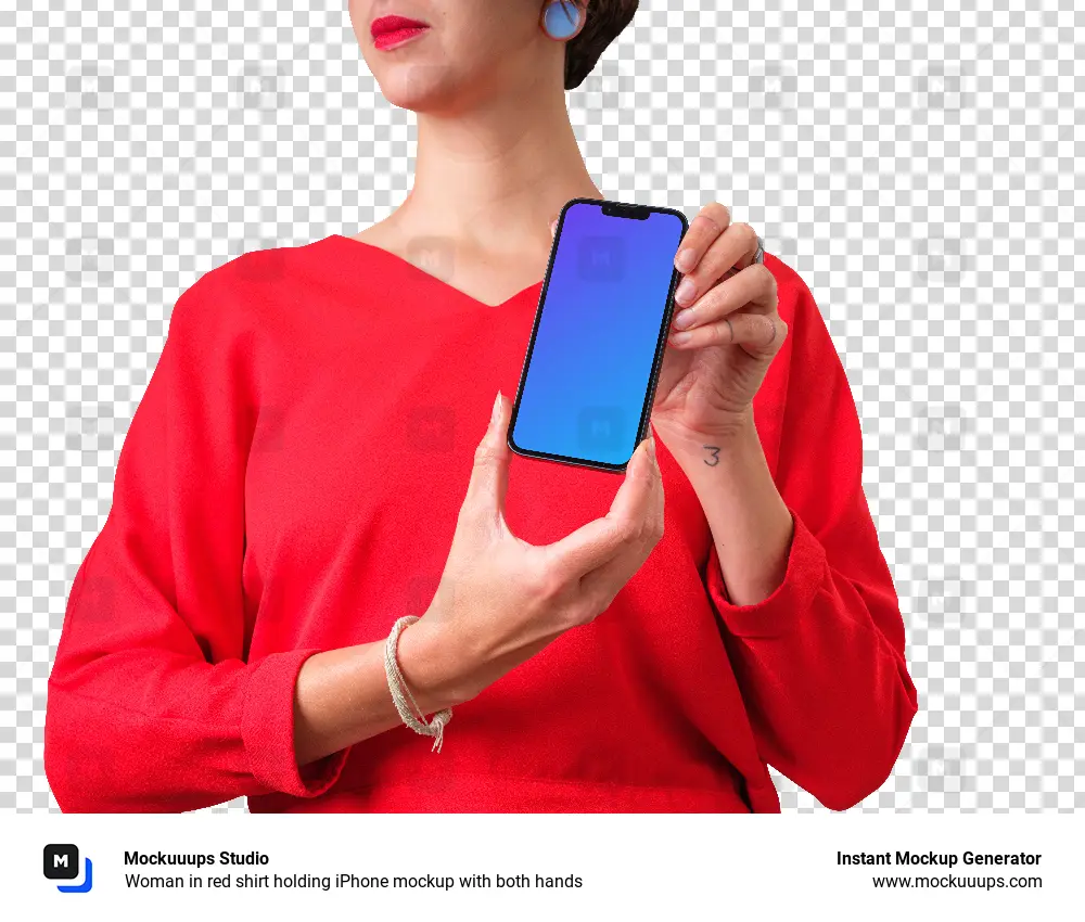 Woman in red shirt holding iPhone mockup with both hands