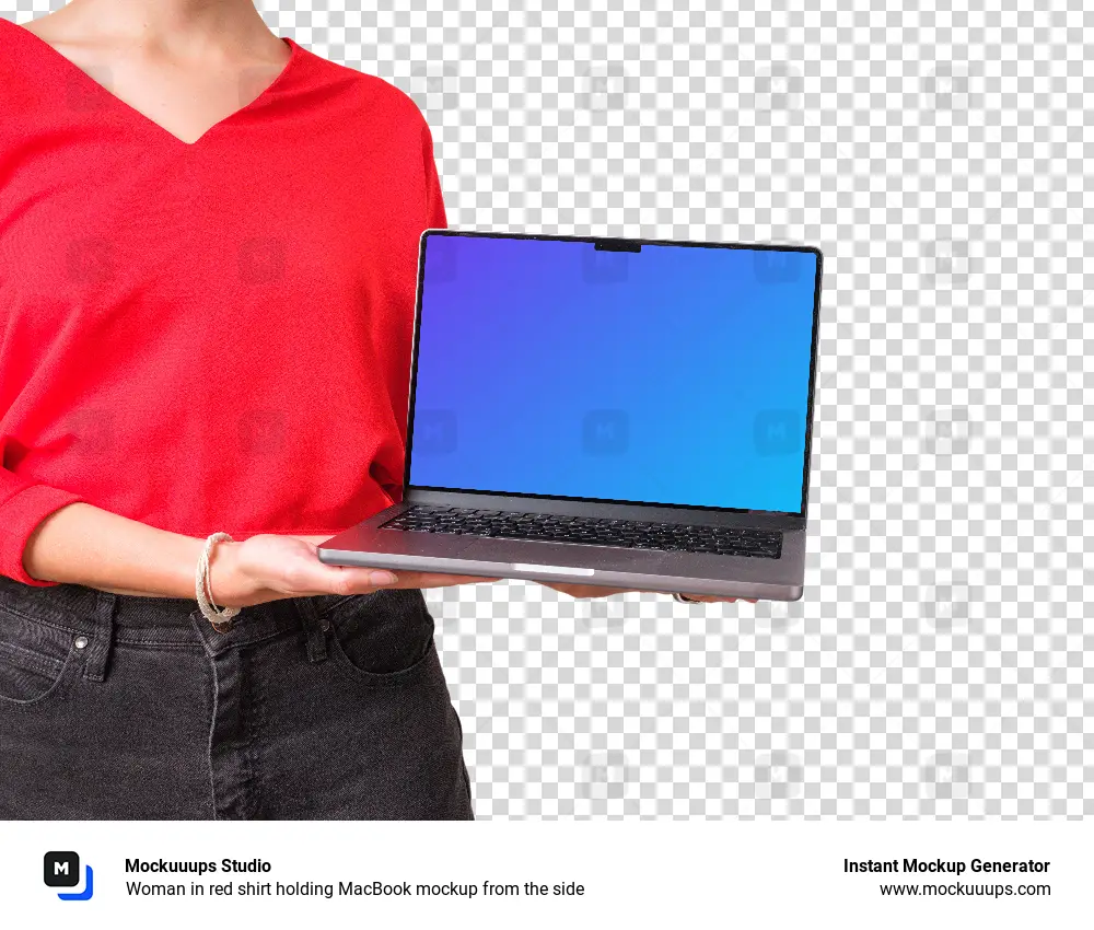 Woman in red shirt holding MacBook mockup from the side