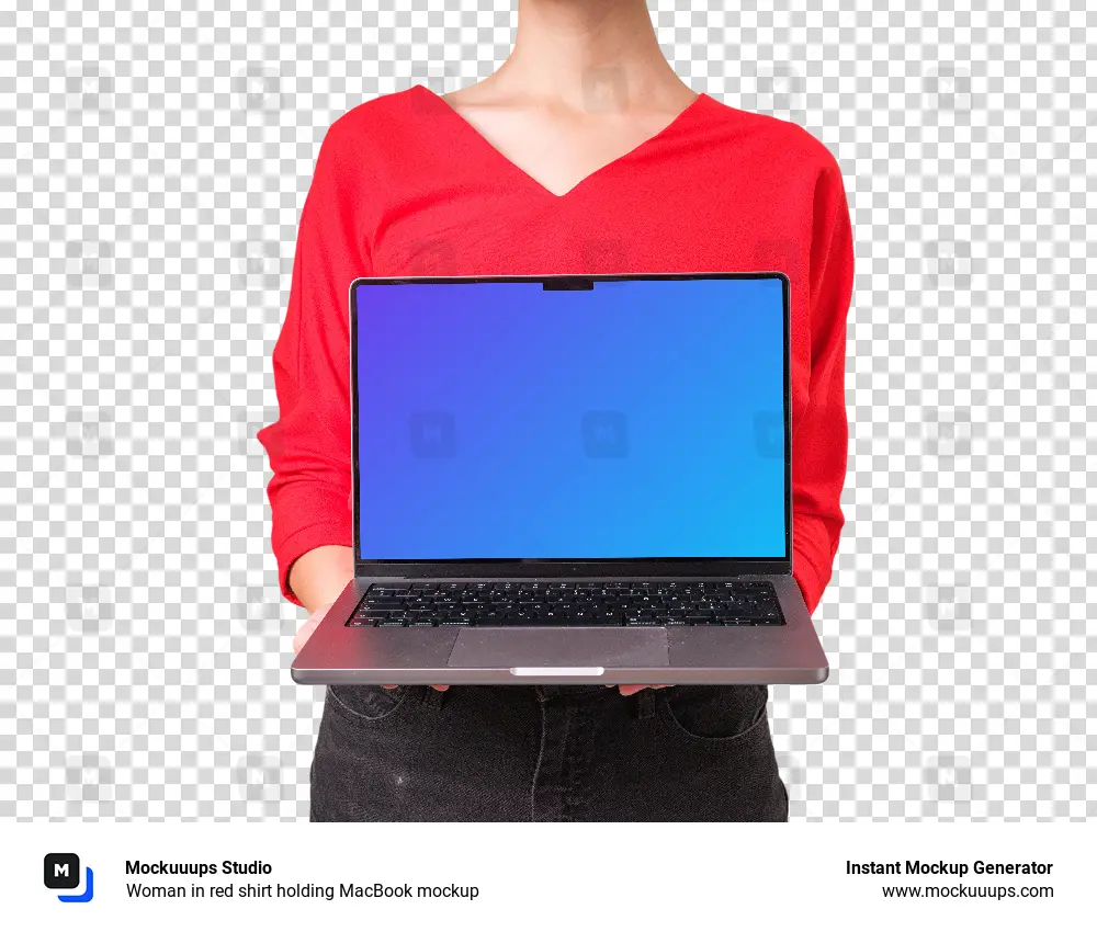 Woman in red shirt holding MacBook mockup