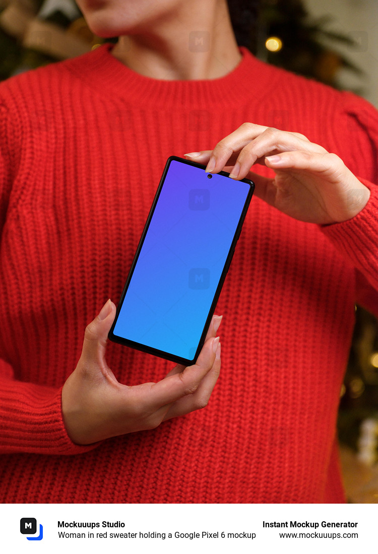 Woman in red sweater holding a Google Pixel 6 mockup