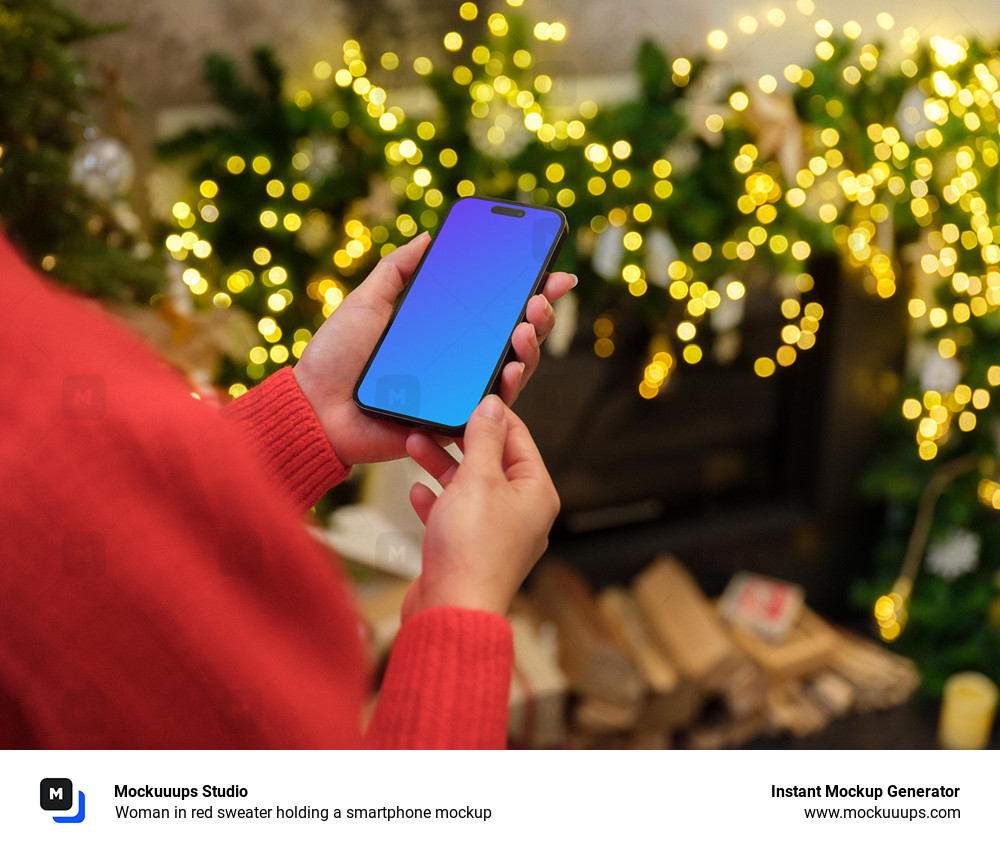 Woman in red sweater holding a smartphone mockup