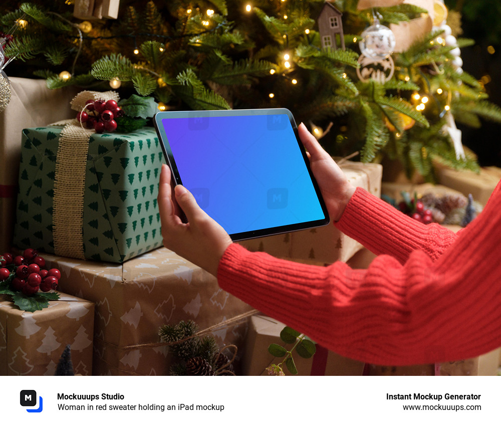 Woman in red sweater holding an iPad mockup