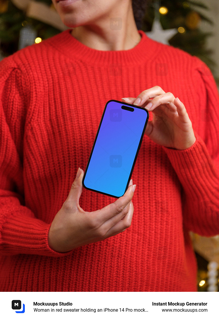 Woman in red sweater holding an iPhone 14 Pro mockup