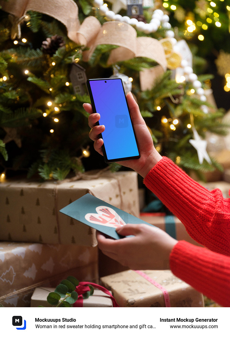 Woman in red sweater holding smartphone and gift card