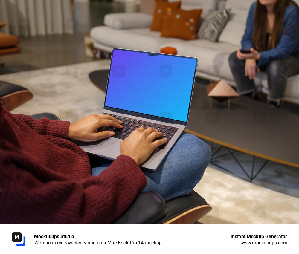 Woman in red sweater typing on a Mac Book Pro 14 mockup