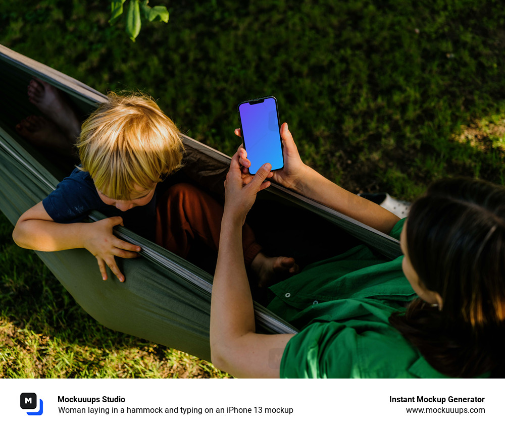 Woman laying in a hammock and typing on an iPhone 13 mockup