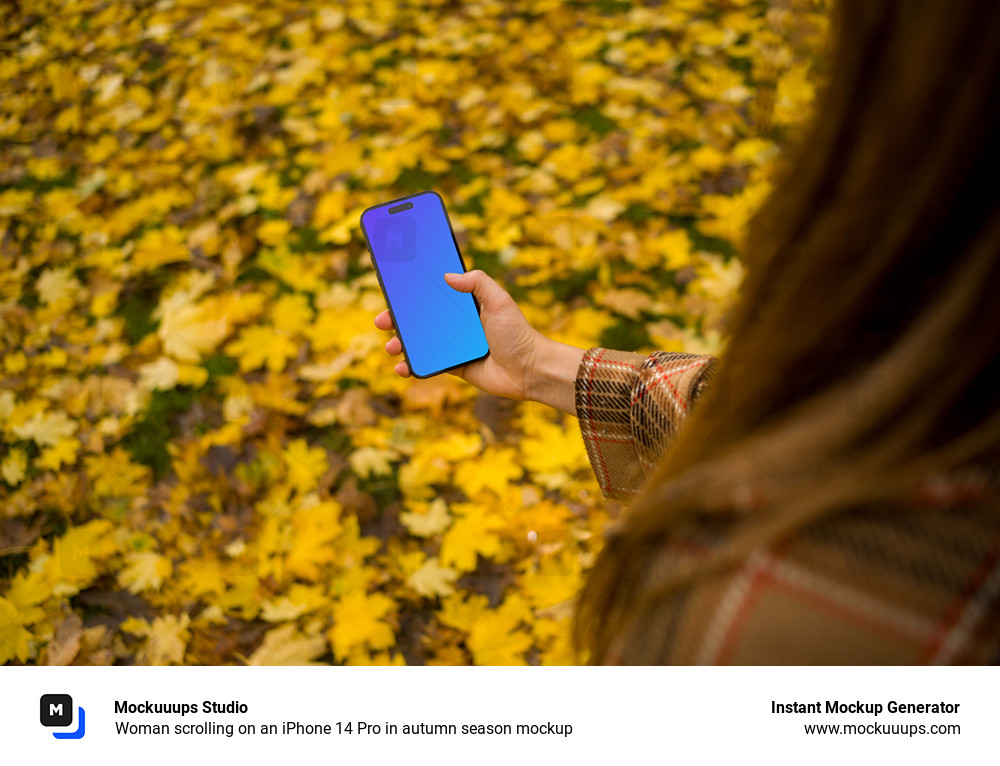 Woman scrolling on an iPhone 14 Pro in autumn season mockup