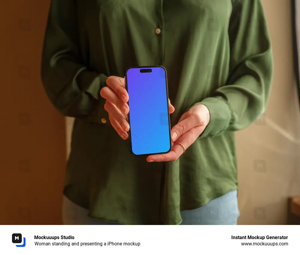 Woman standing and presenting a iPhone mockup