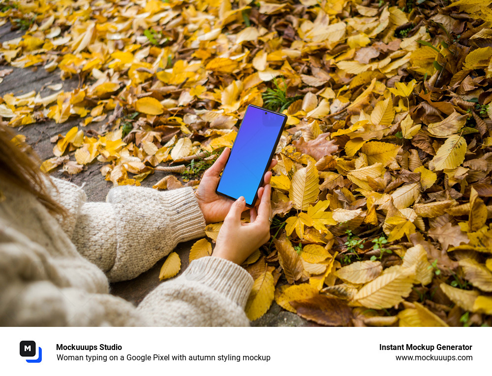 Woman typing on a Google Pixel with autumn styling mockup