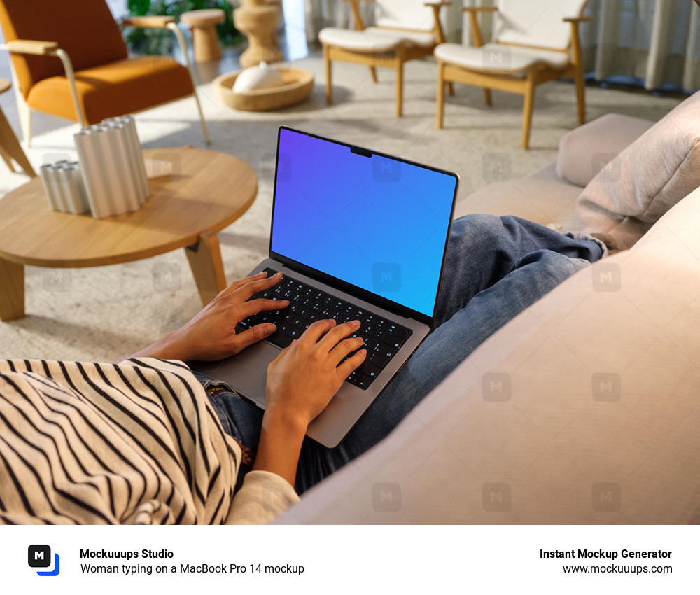 Woman typing on a MacBook Pro 14 mockup