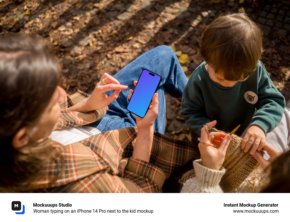 Woman typing on an iPhone 14 Pro next to the kid mockup