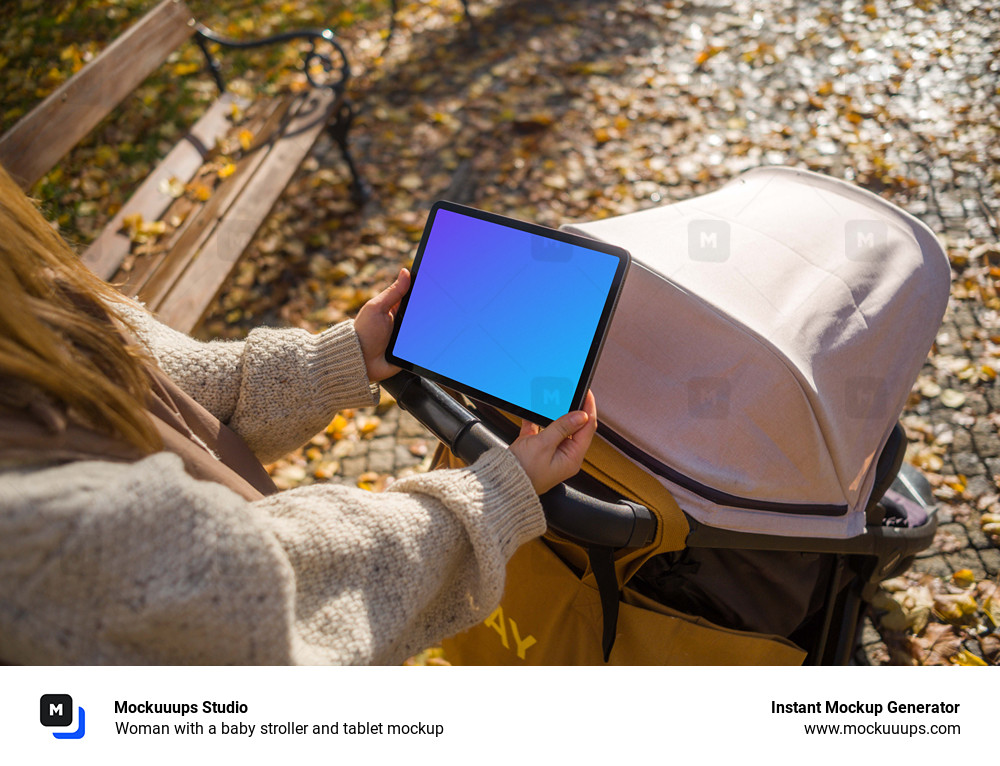 Woman with a baby stroller and tablet mockup