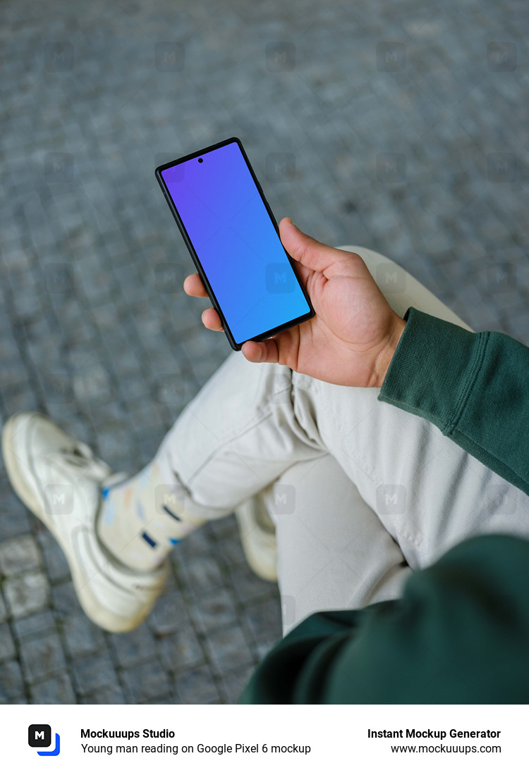Young man reading on Google Pixel 6 mockup