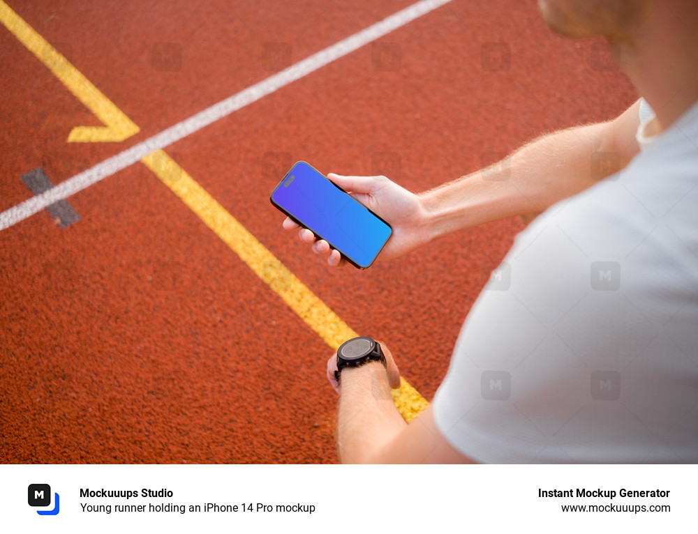 Young runner holding an iPhone 14 Pro mockup