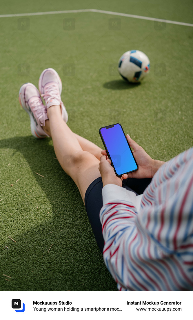 Young woman holding a smartphone mockup on a grass