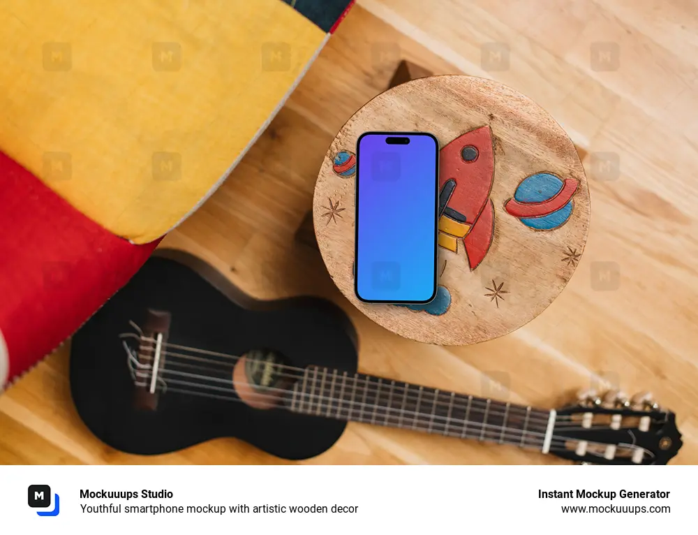 Youthful smartphone mockup with artistic wooden decor