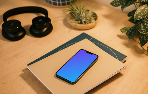 iPhone 13 Pro mockup on a stack of notebooks