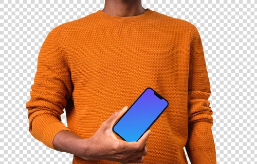 Mockup of a rotated iPhone mockup held by man in orange sweater