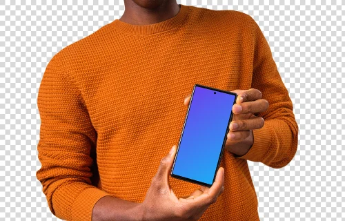 Mockup of man in orange sweater holding Google Pixel mockup