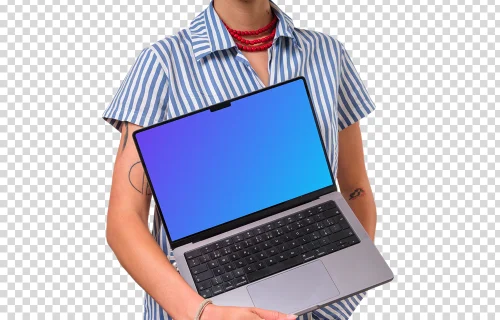 Woman holding opened MacBook mockup