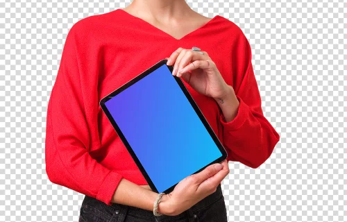 Woman in red shirt holding iPad mockup