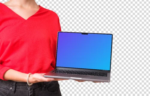 Woman in red shirt holding MacBook mockup from the side