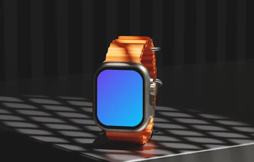 Apple Watch Ultra mockup with orange band on a modern surface