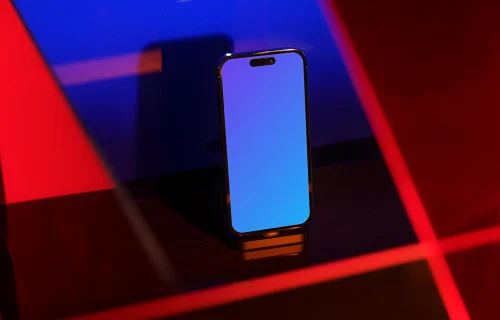 Tons de azul para vermelho com o iPhone mockup na frente