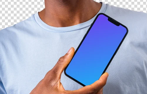 Primer plano del iPhone mockup junto a la cara del hombre