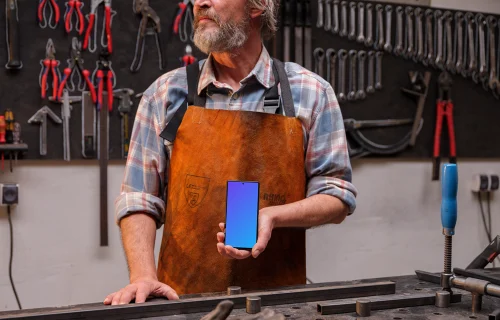 Crafter holding a Google Pixel mockup in the workshop