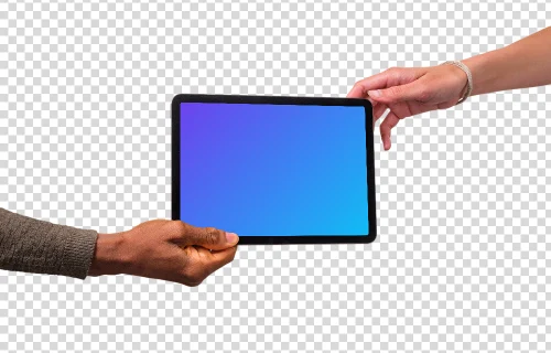 Diverse hands reaching to iPad mockup
