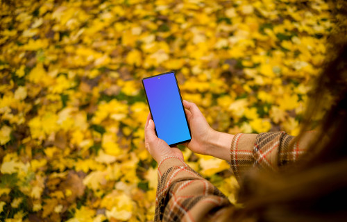 Female holding a phone mockup with autumn vibe