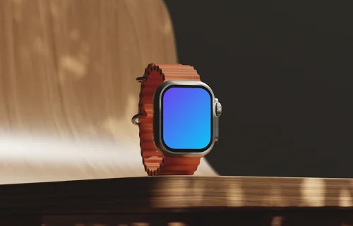 Free Apple Watch Ultra mockup on a wooden table