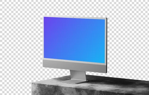 iMac 24 inch mockup on textured rock platform with dramatic shadows