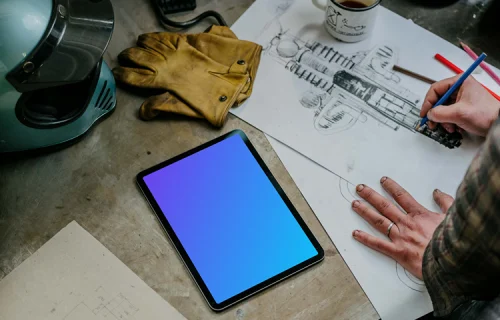 iPad Air mockup beside a technical drawing