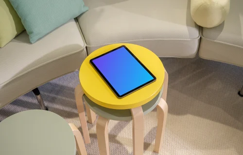 iPad Air mockup on a modern living room side table