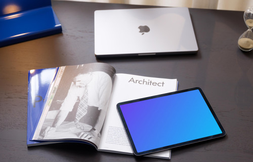 iPad Air mockup on a table with magazine