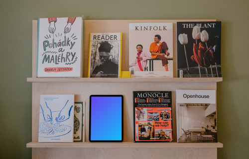 iPad Air mockup on the wall with magazines