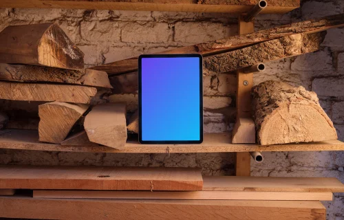 iPad Air mockup surrounded by wooden objects
