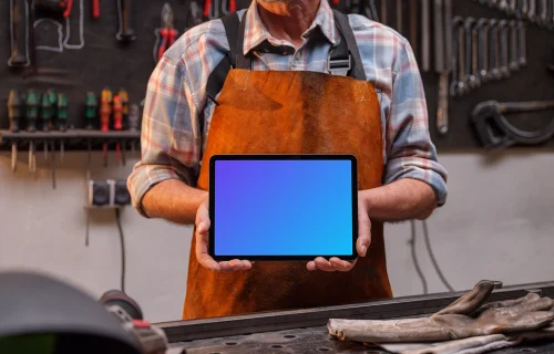 iPad mockup held by the leather crafter