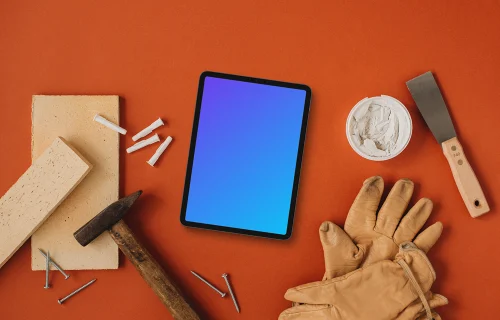 iPad mockup with a whole range of equipment for the workshop