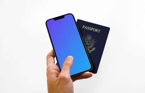 iPhone 13 mockup e passaporte americano em poder do usuário