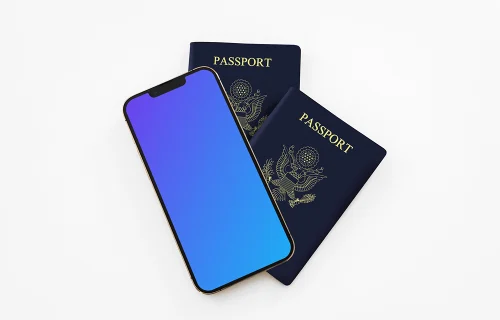 iPhone 13 mockup colocado em dois passaportes dos EUA 
