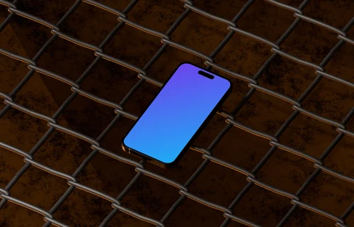 iPhone 16 mockup on a metal grid surface